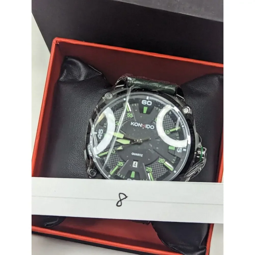 KONXIDO Mens Black Green Leather Band Analog Quartz Watch KX63003